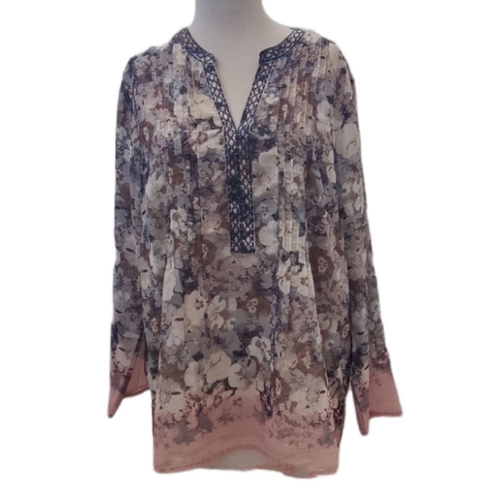 Coldwater Creek Floral Chiffon Pullover Embroidered V-Neck Tunic Blouse Large